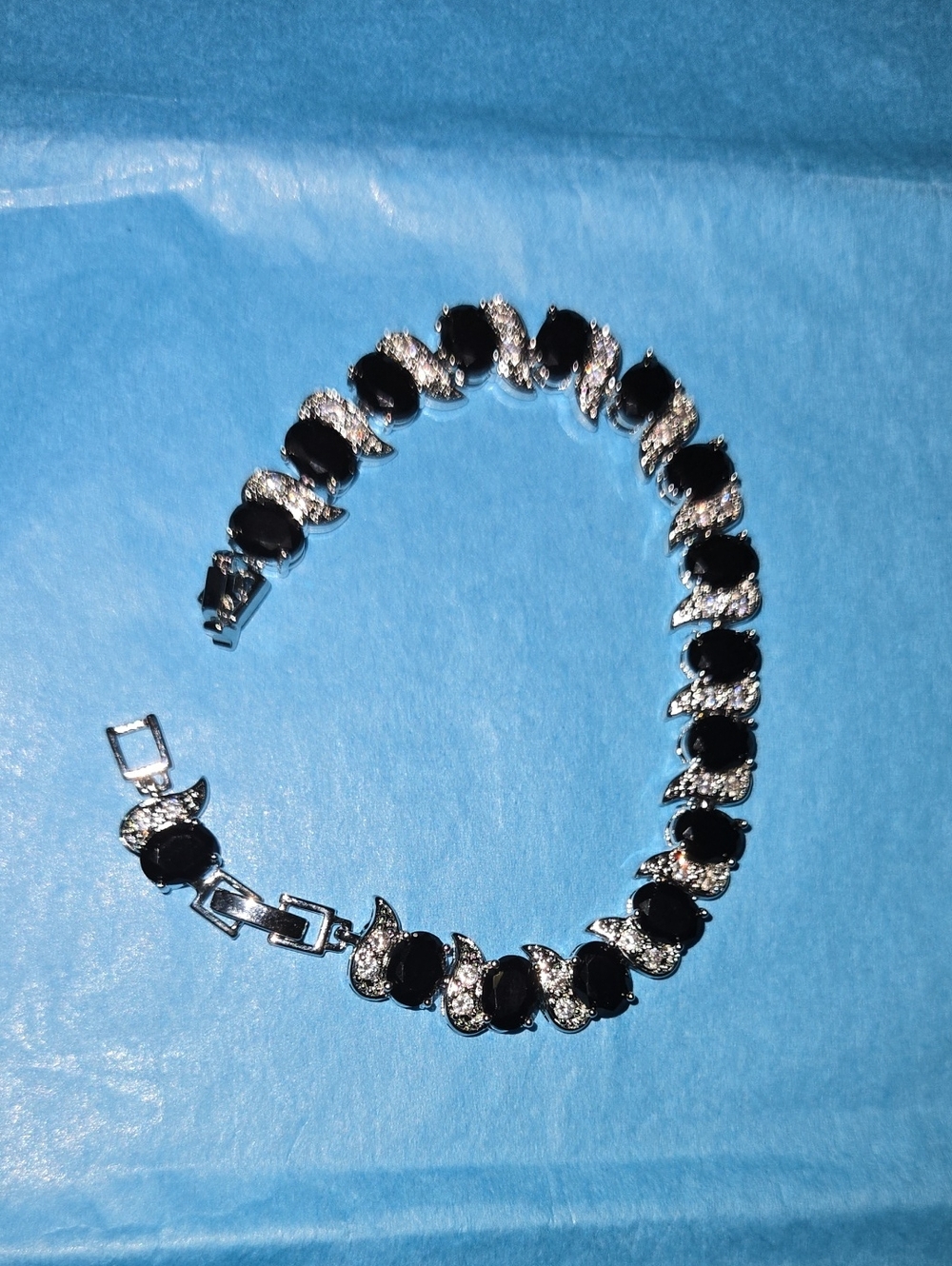 Black Oval Stone Bracelet with Sparkling Accents - Women's Jewelry
